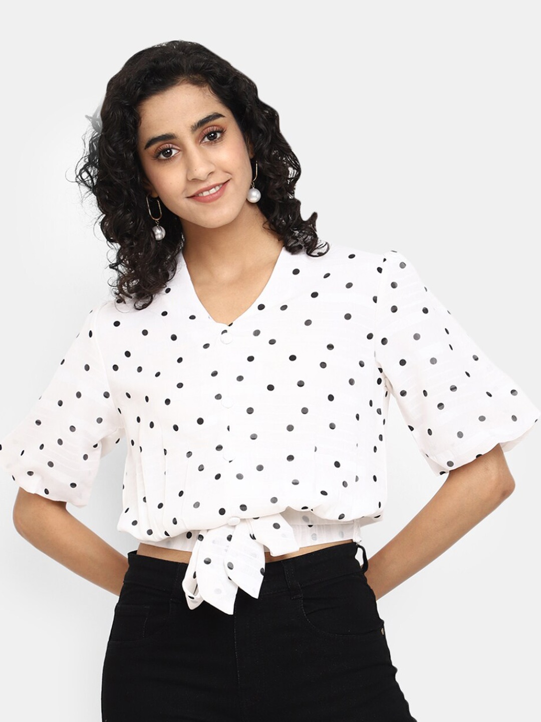 

V-Mart White Polka Dot Print Georgette Blouson Crop Top