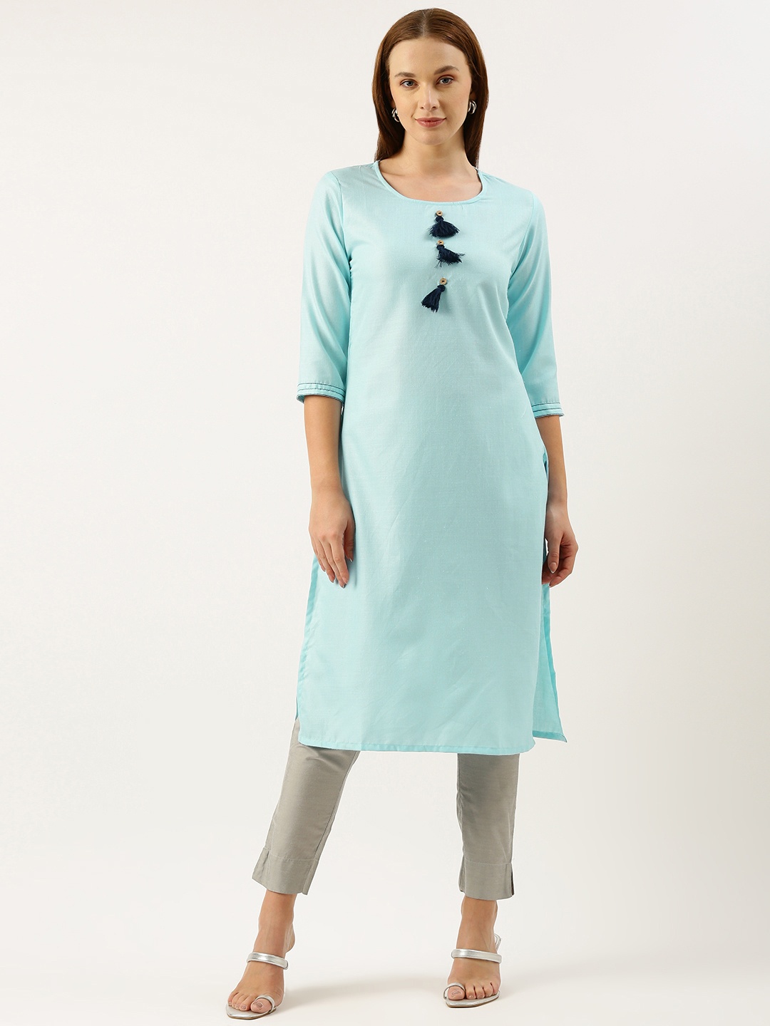 

RACHNA Women Solid Cotton Kurta, Turquoise blue