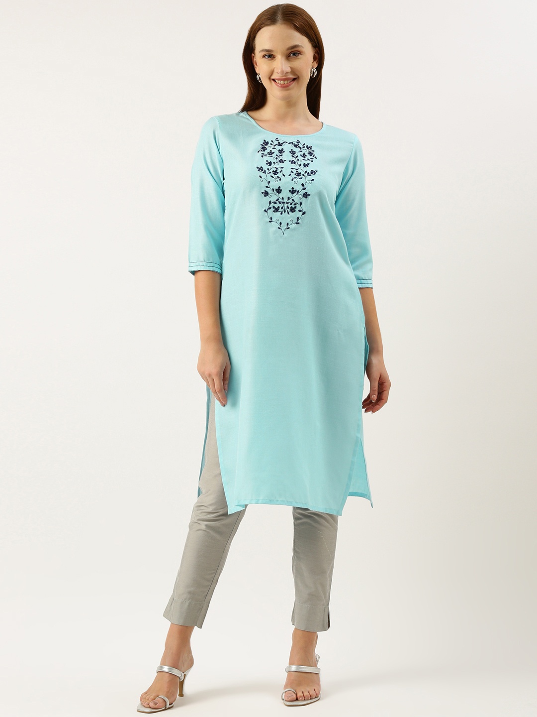 

RACHNA Floral Mirror Work Cotton Kurta, Turquoise blue