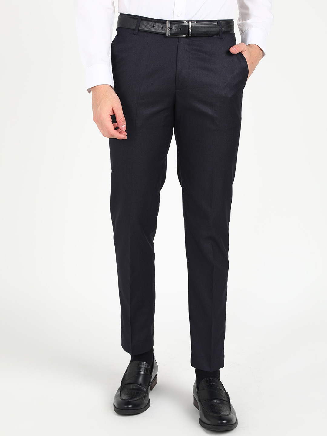 

Sam and Jack Men Smart Regular Fit Formal Trousers, Navy blue