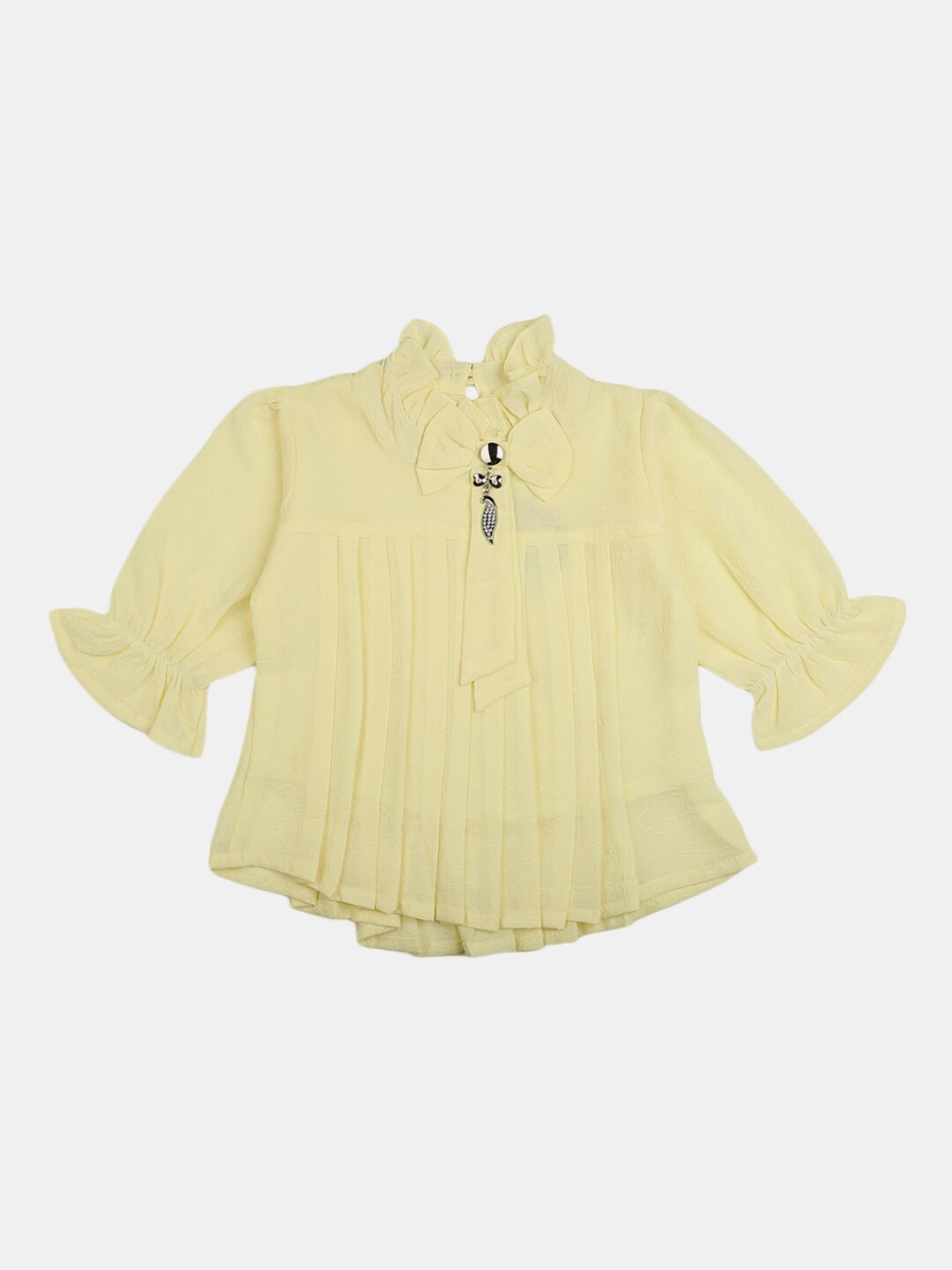 

V-Mart Puff Sleeves Ruffle Neck Pleated Cotton Top, Yellow