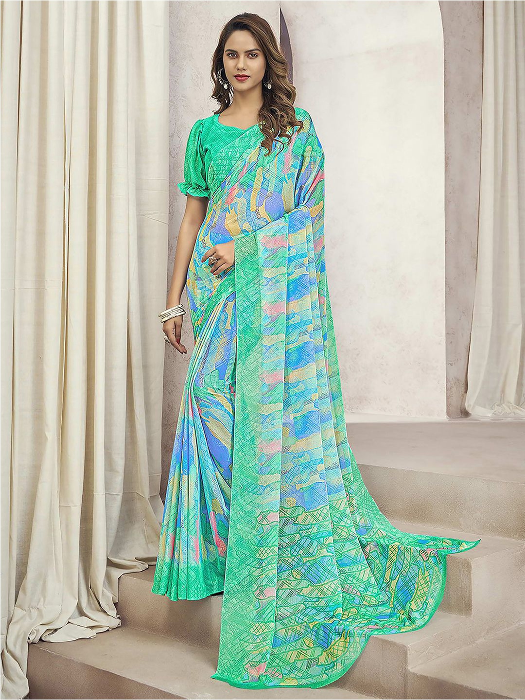

Satrani Abstract Printed Pure Chiffon Saree, Blue