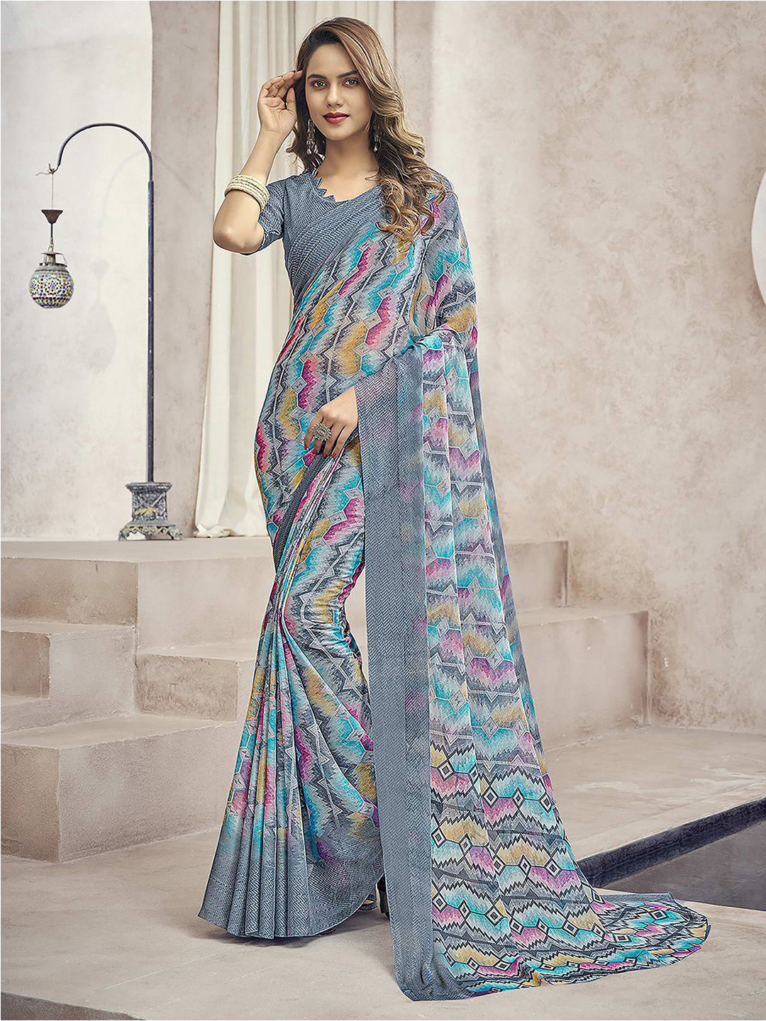 

Satrani Geometric Printed Pure Chiffon Saree, Grey
