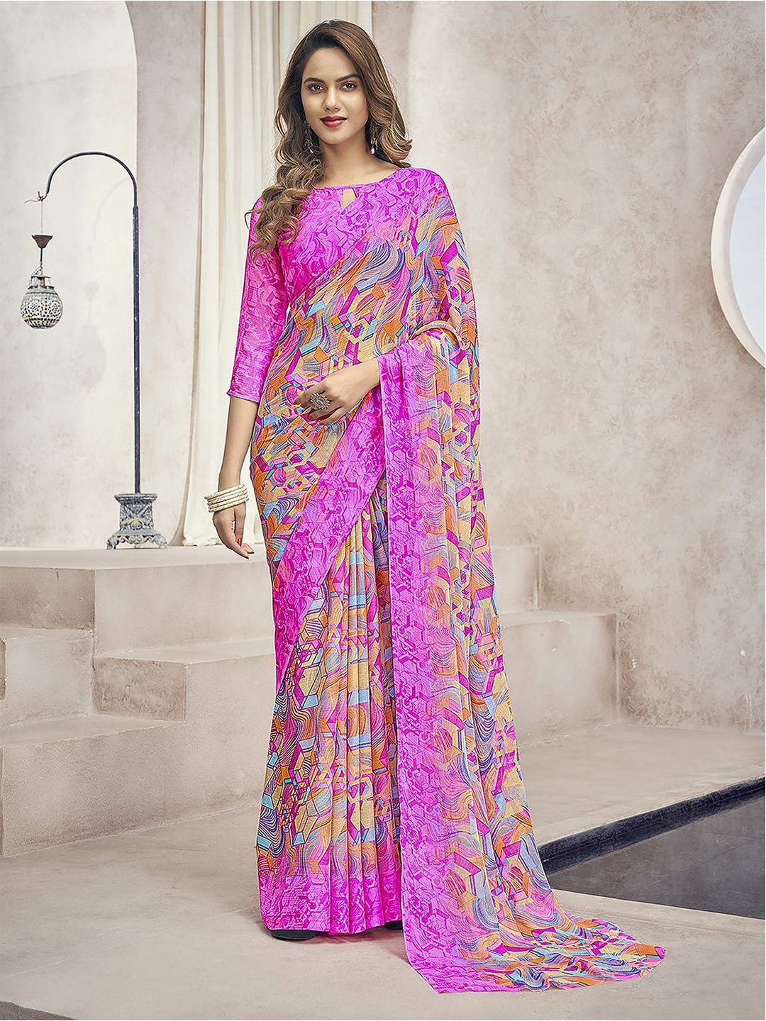 

Satrani Printed Pure Chiffon Saree, Pink