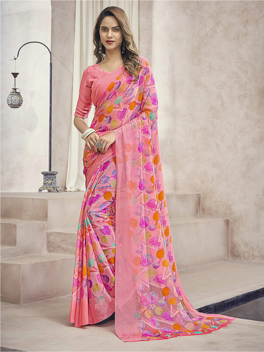 

Satrani Geometric Printed Pure Chiffon Saree, Pink