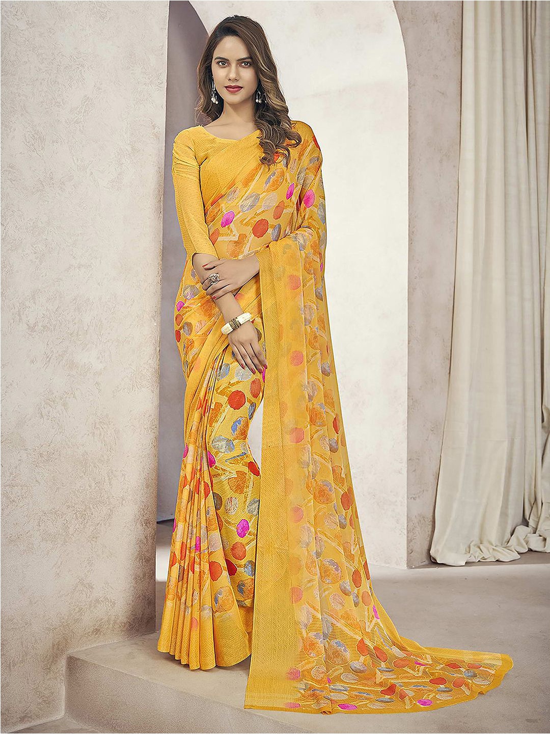 

Satrani Abstract Printed Pure Chiffon Saree, Yellow