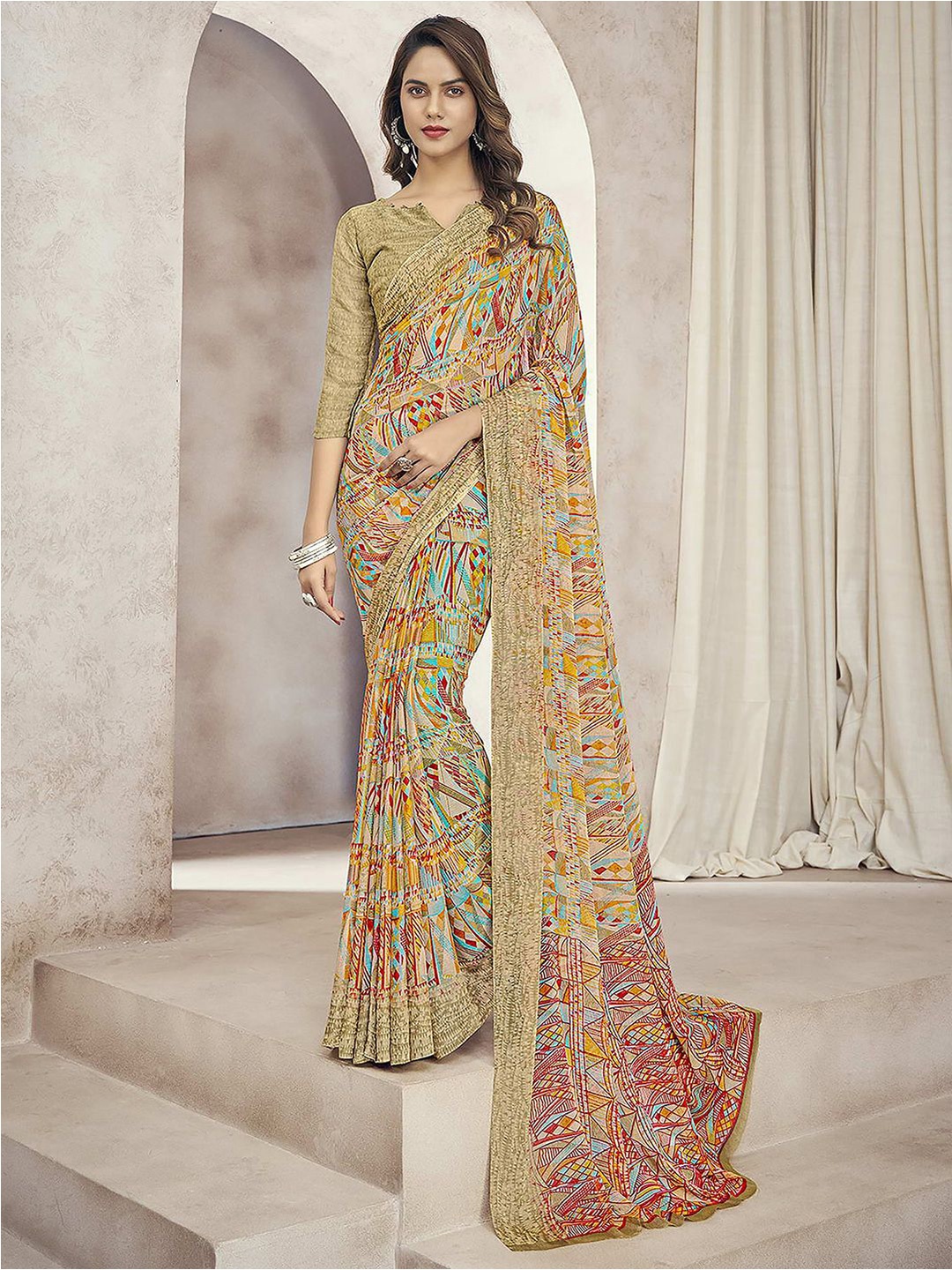 

Satrani Printed Pure Chiffon Saree, Beige