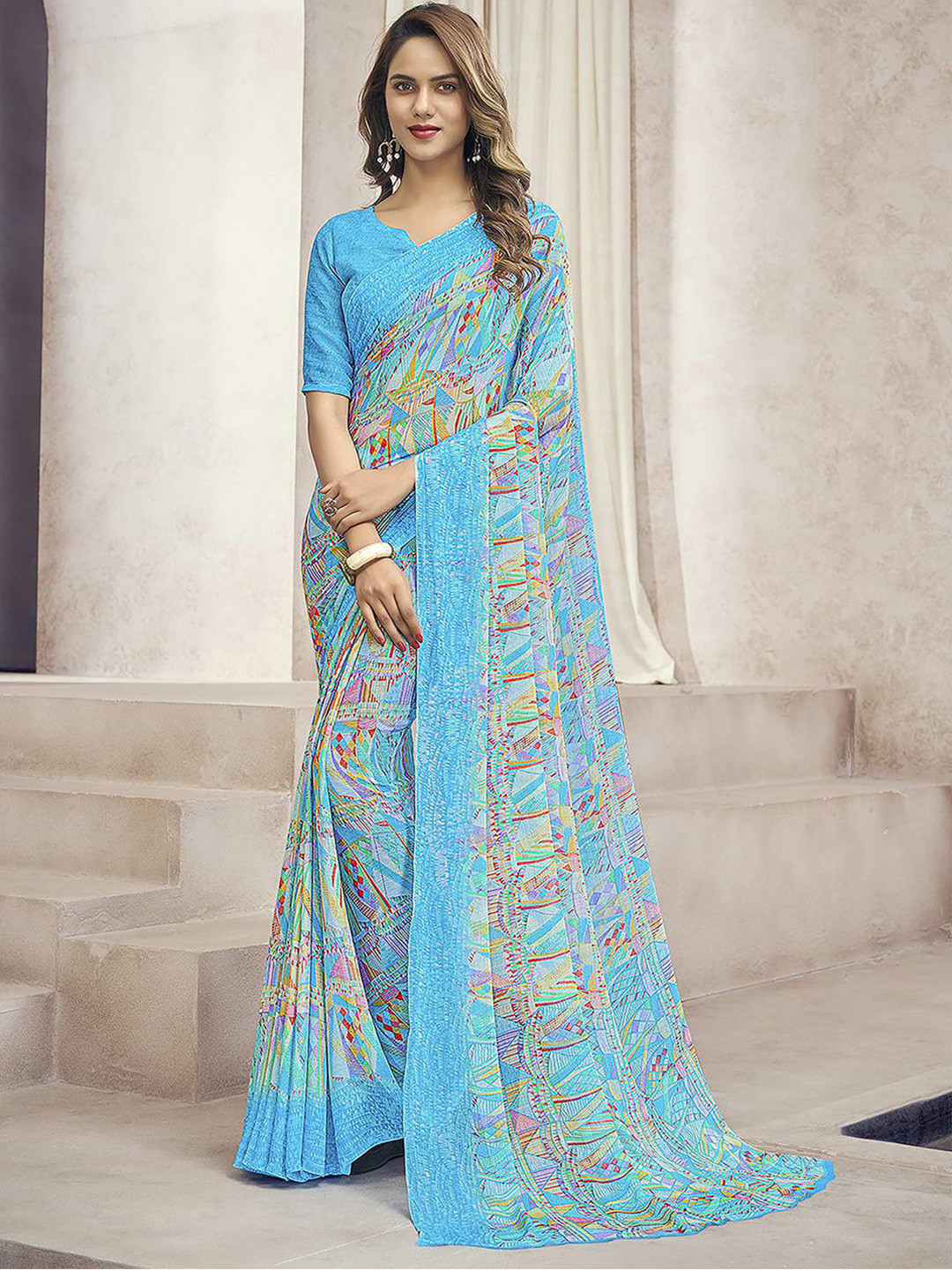 

Satrani Abstract Printed Pure Chiffon Saree, Blue
