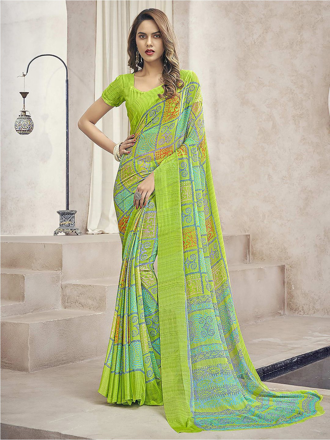 

Satrani Ethnic Motifs Pure Printed Chiffon Saree, Green