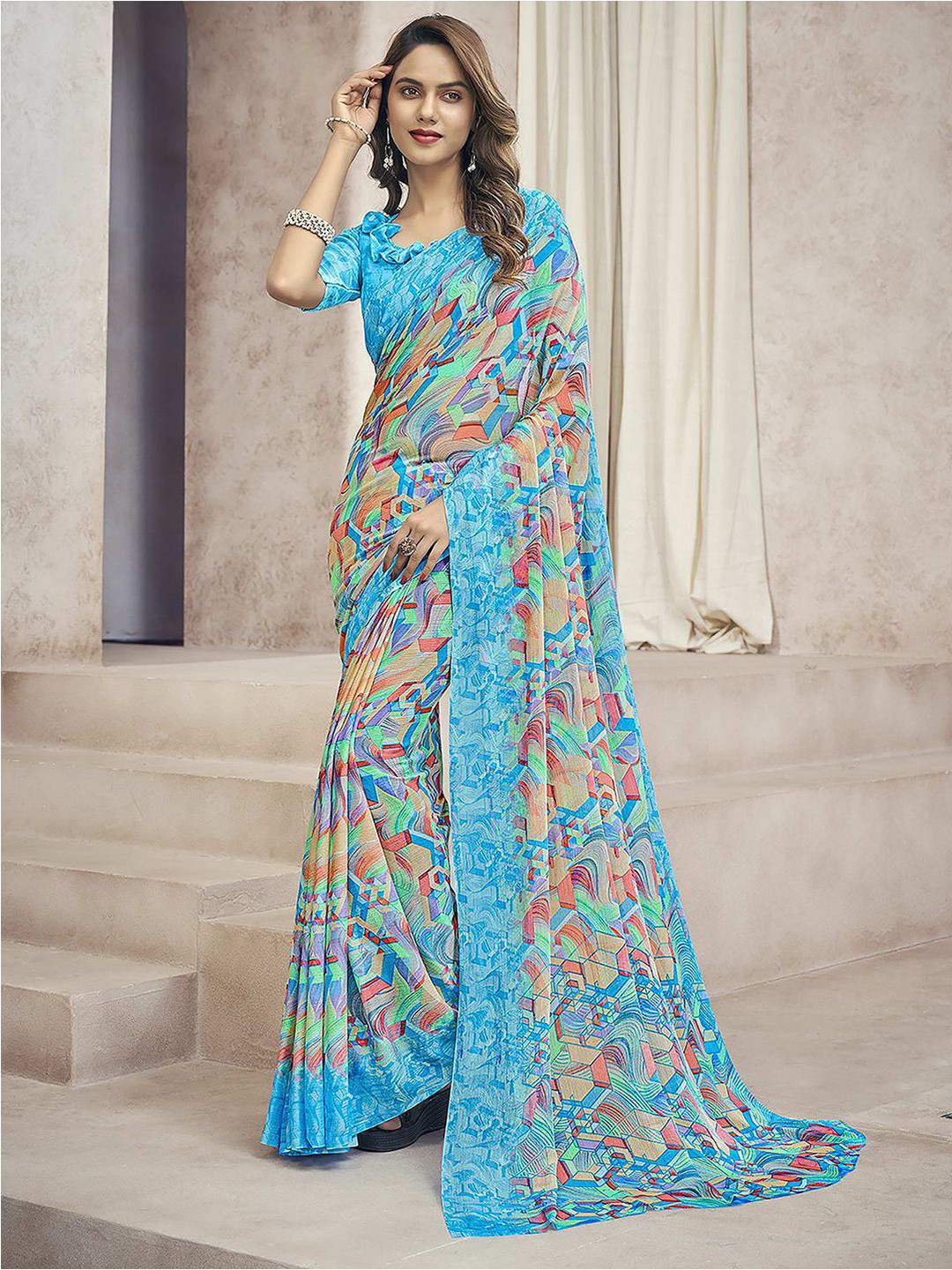 

Satrani Abstract Printed Pure Chiffon Saree, Blue