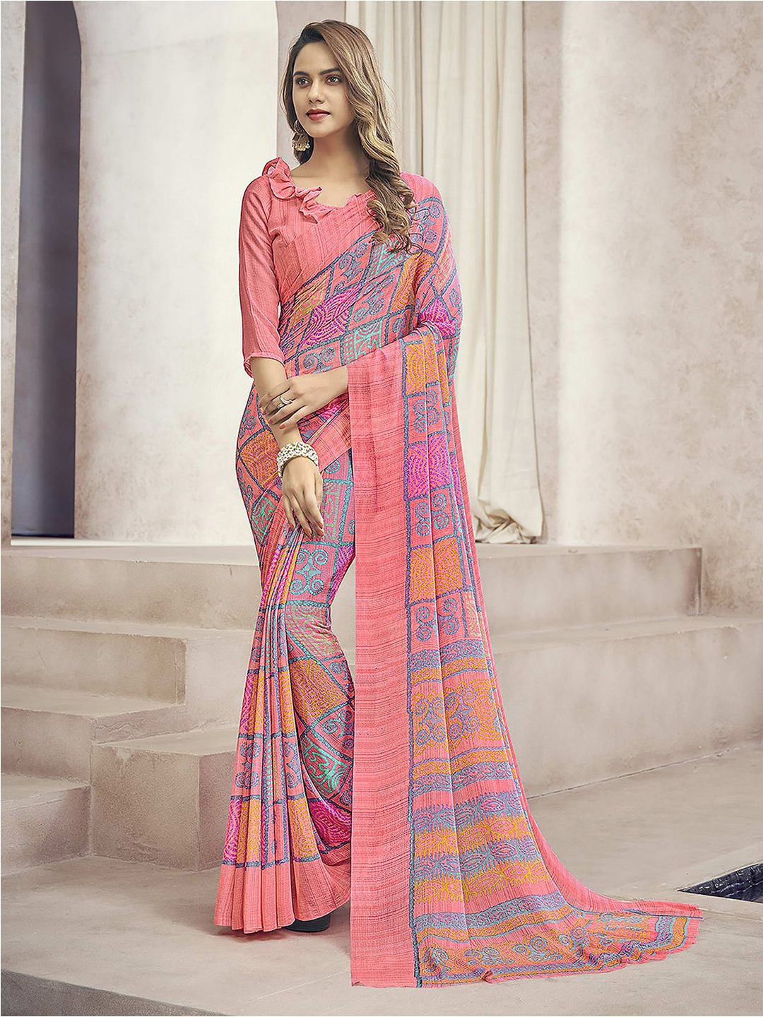 

Satrani Ethnic Motifs Printed Pure Chiffon Saree, Pink