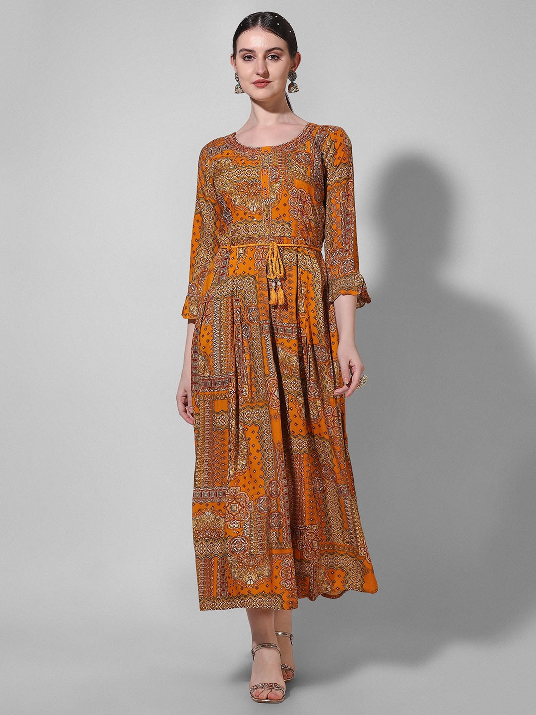 

Berrylicious Ethnic Motifs Printed Mirror Work A-Line Chanderi Cotton Midi Ethnic Dress, Mustard