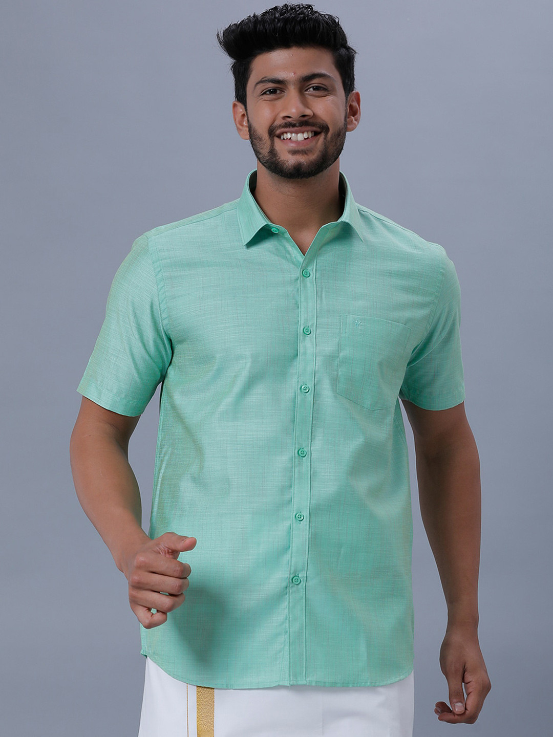 

Ramraj Spread Collar Short Sleeves Ethnic Shirt, Green