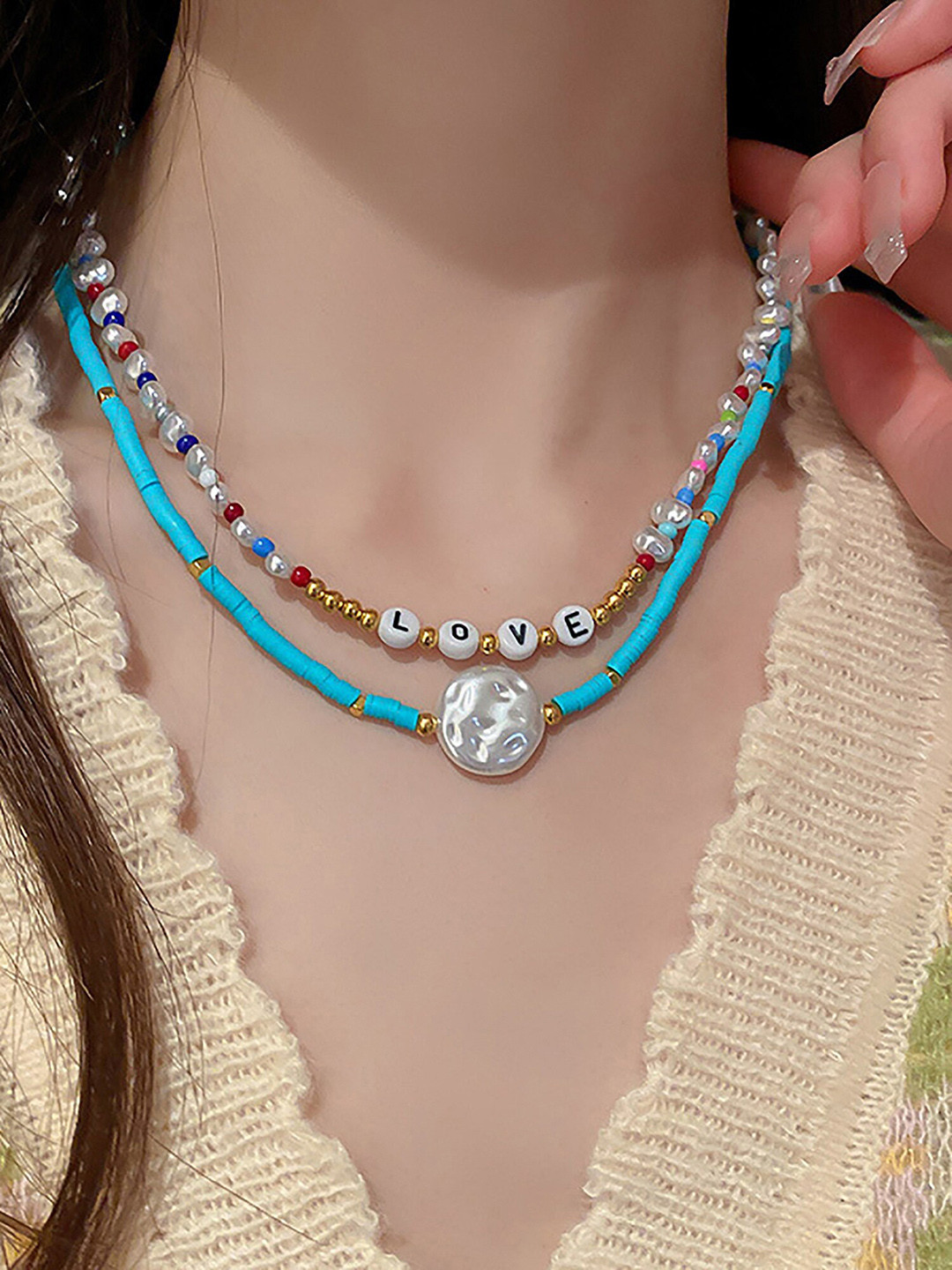 

Bellofox Layered Beaded Statement Necklace, Blue