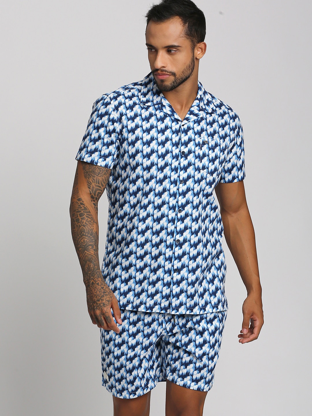 

THE BEAR HOUSE Printed Pure Cotton Night Suit, Blue