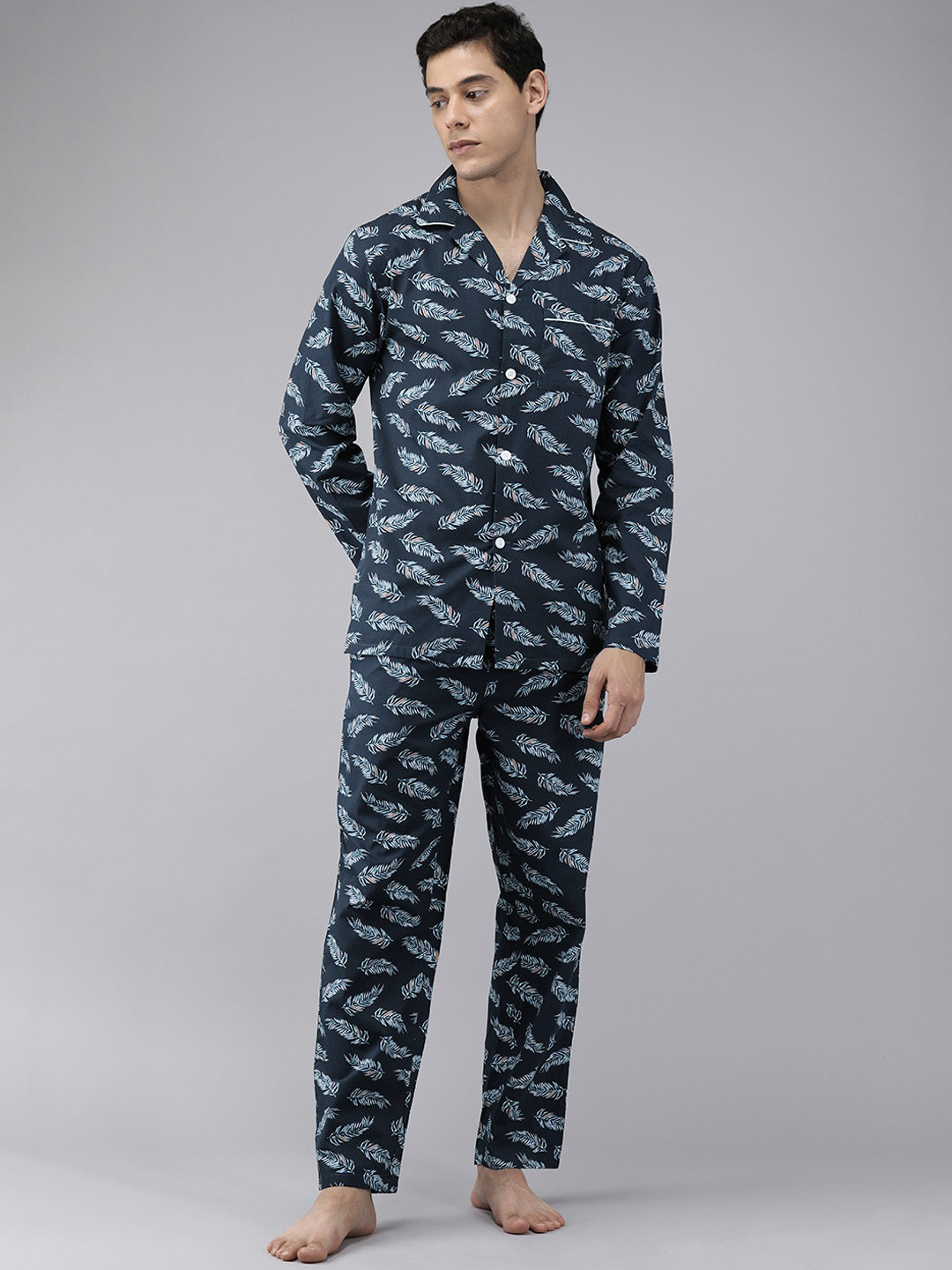 

THE BEAR HOUSE Floral Printed Pure Cotton Night Suit, Navy blue