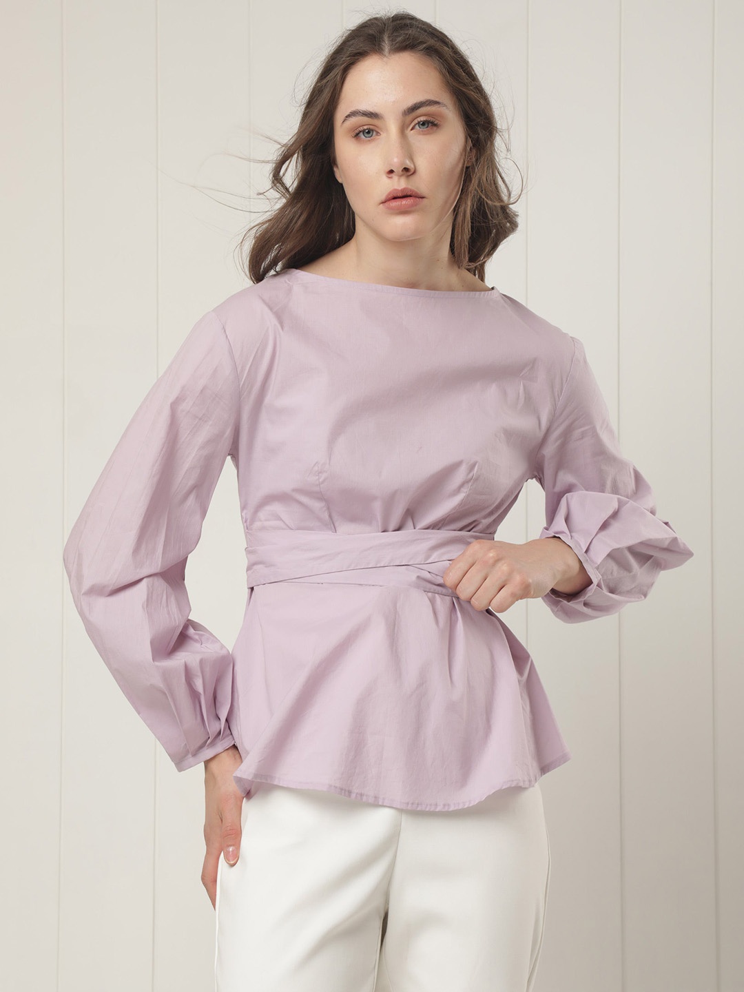 

RAREISM Boat Neck Puff Sleeves Cotton Cinched Waist Top, Purple