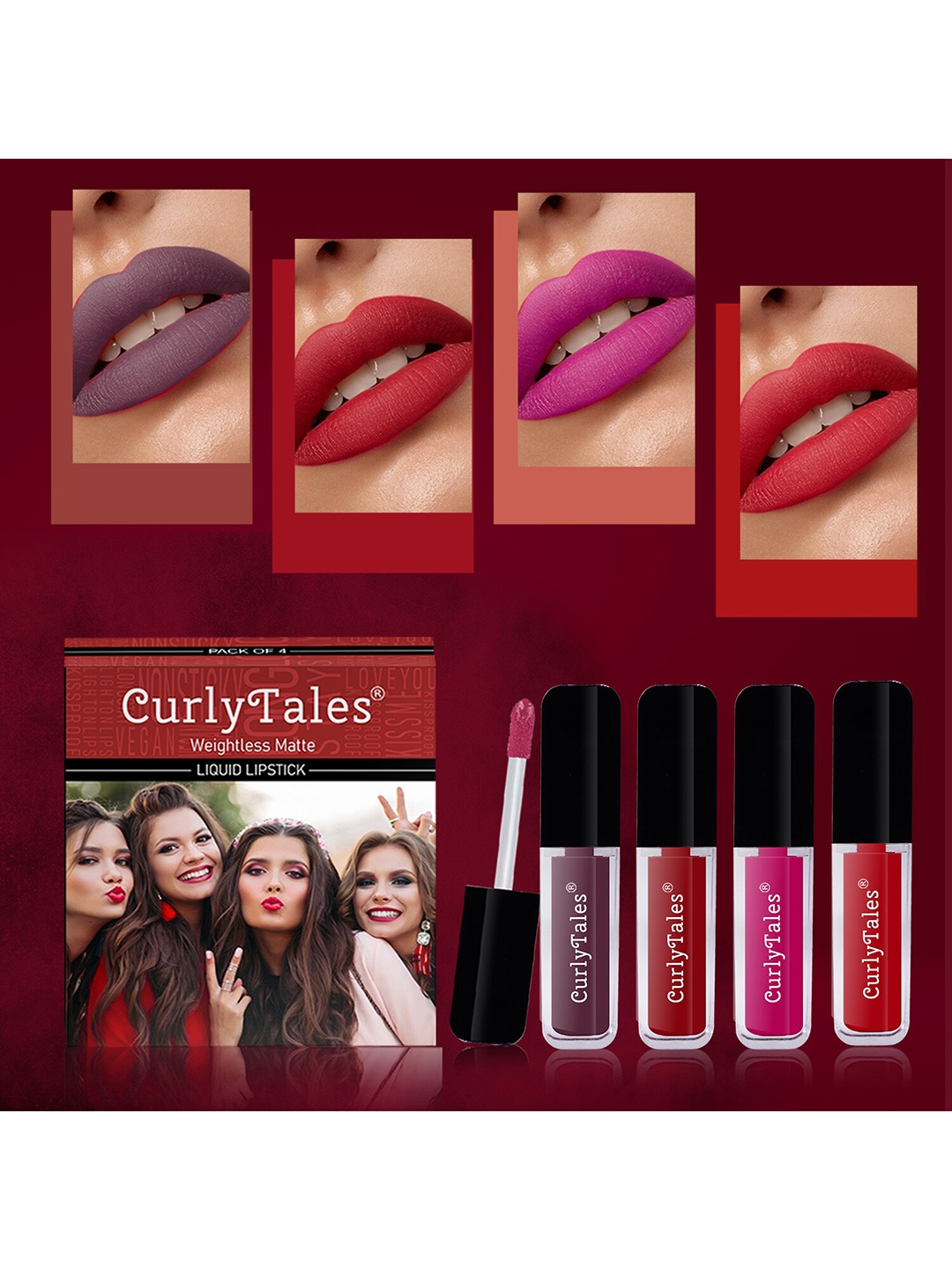 

CurlyTales Set Of 4 Weightless Matte Liquid Lipstick - 3 ml Each, Purple