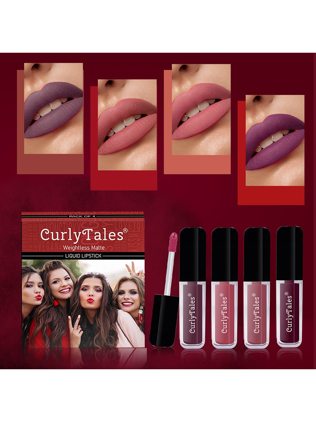 

CurlyTales Set Of 4 Weightless Matte Long Lasting Liquid Lipstick - 3 ml Each, Purple