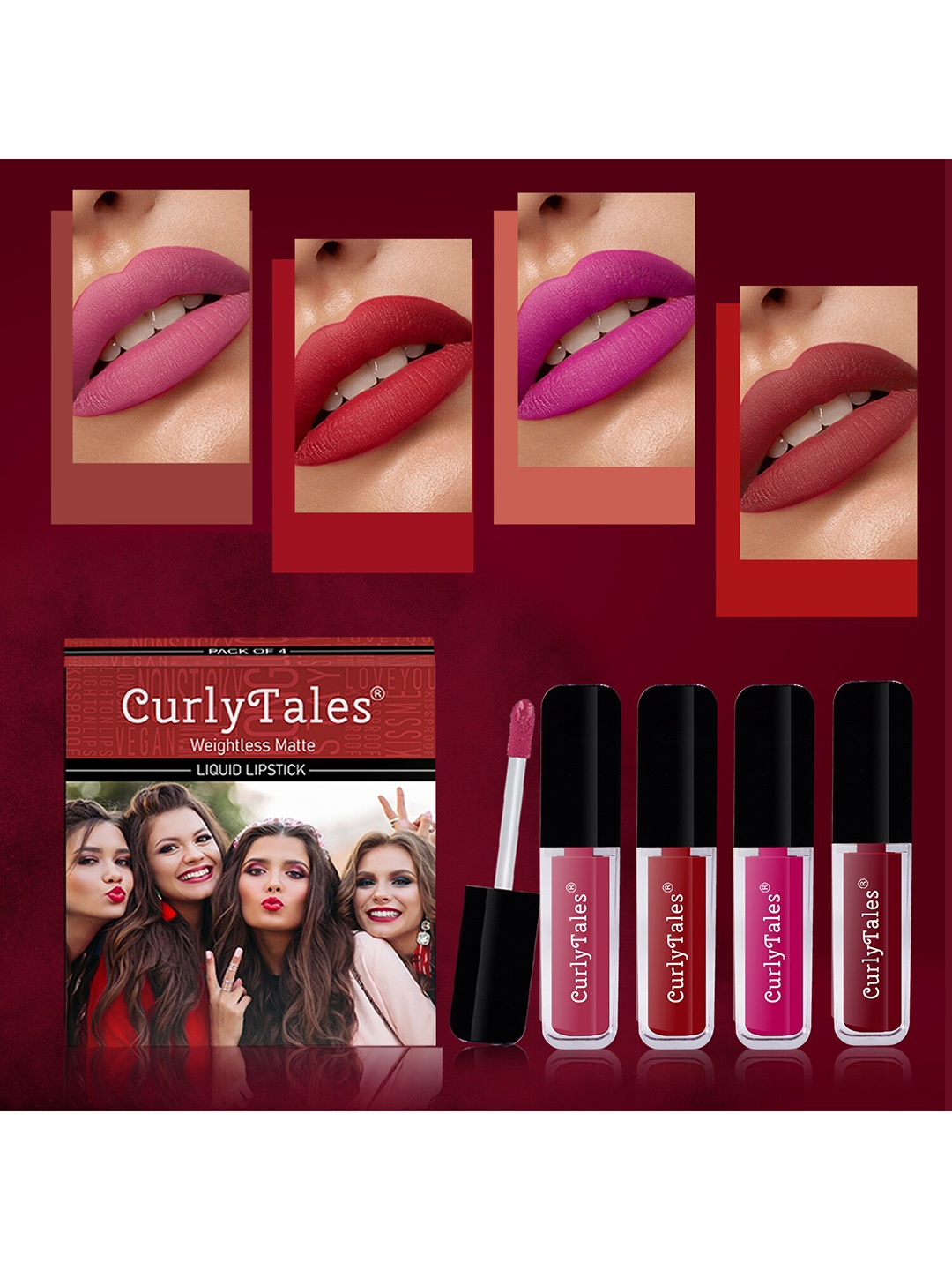 

CurlyTales Set Of 4 Weightless Matte Long Lasting Liquid Lipstick 3 ml Each, Maroon