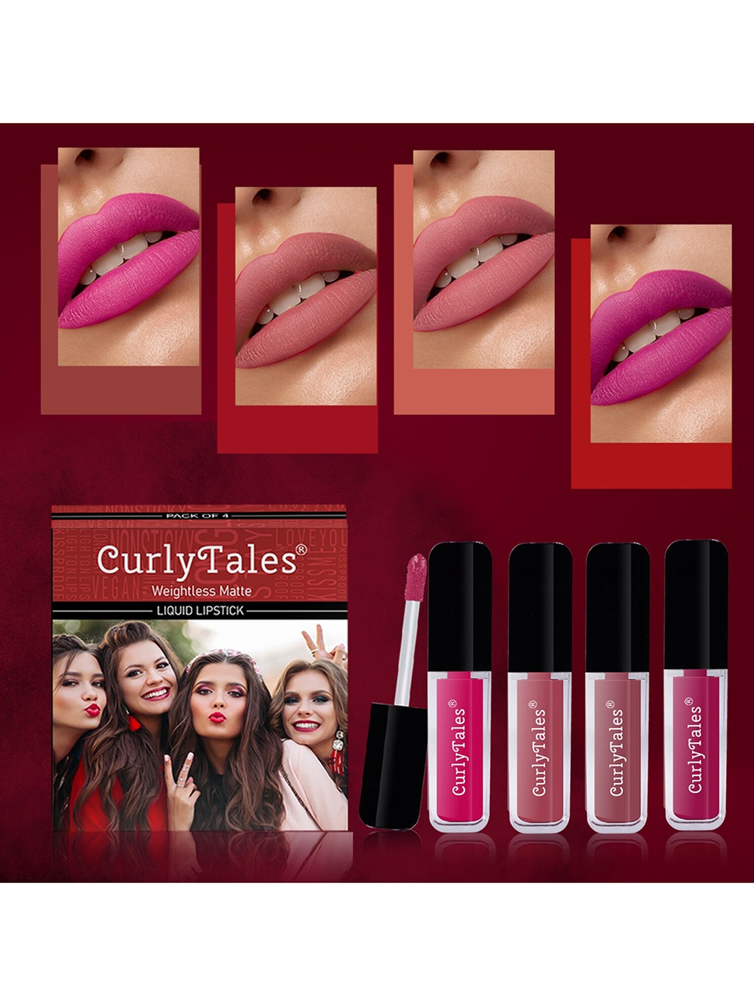 

CurlyTales Set Of 4 Weightless Matte Long Lasting Liquid Lipstick 3 ml Each, Pink
