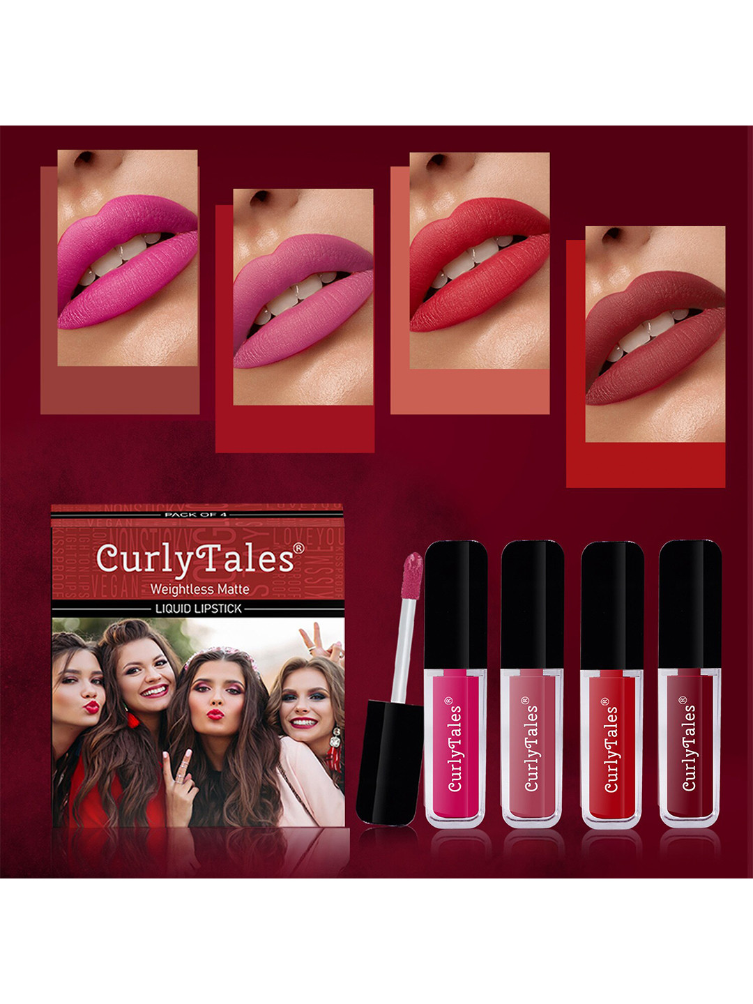 

CurlyTales Set Of 4 Weightless Matte Full Coverage Liquid Lipsticks - 05, 10, 11, 14, Red