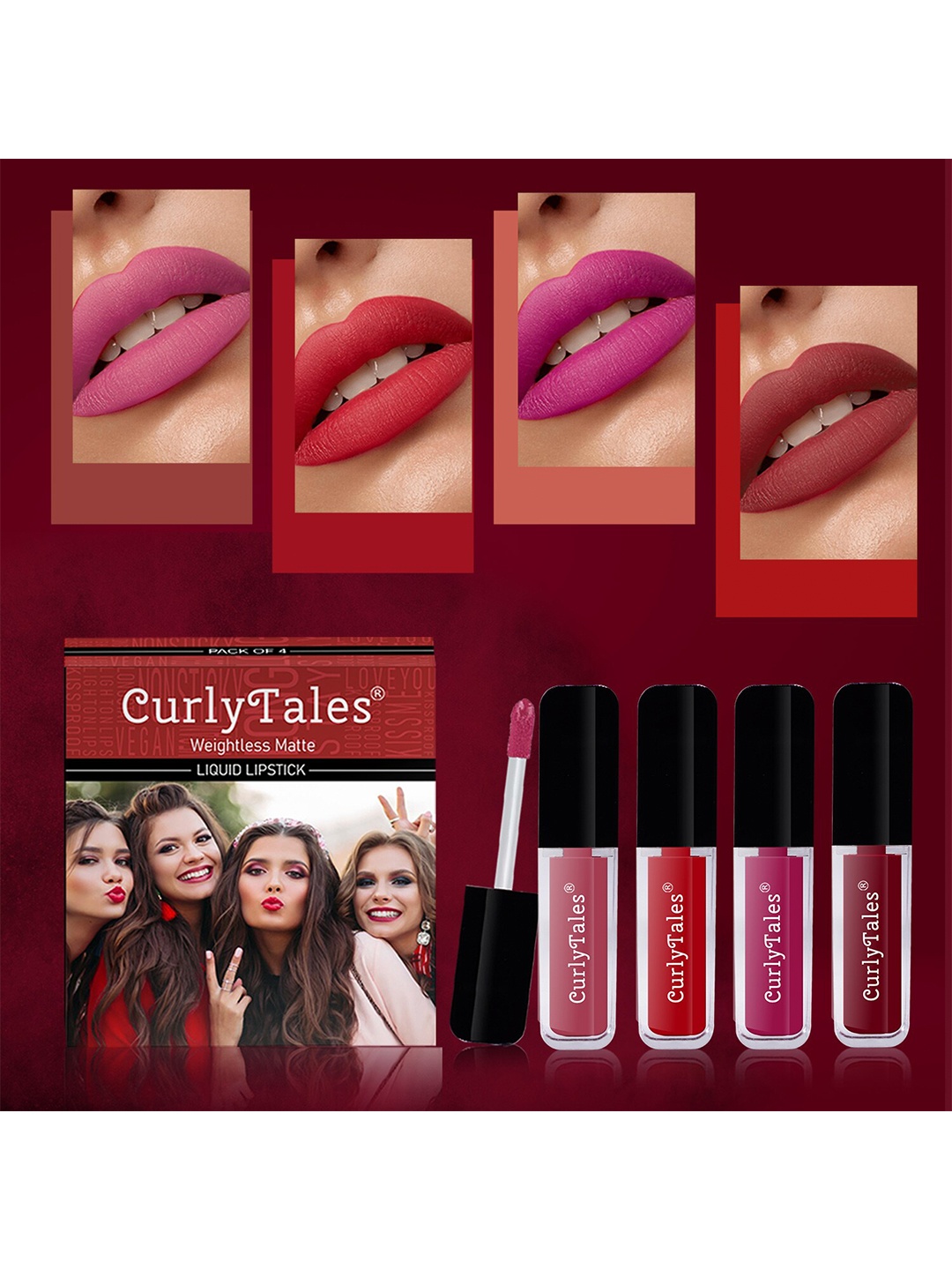 

CurlyTales Set Of 4 Weightless Matte Full Coverage Liquid Lipsticks - 10, 11, 12, 14, Multi