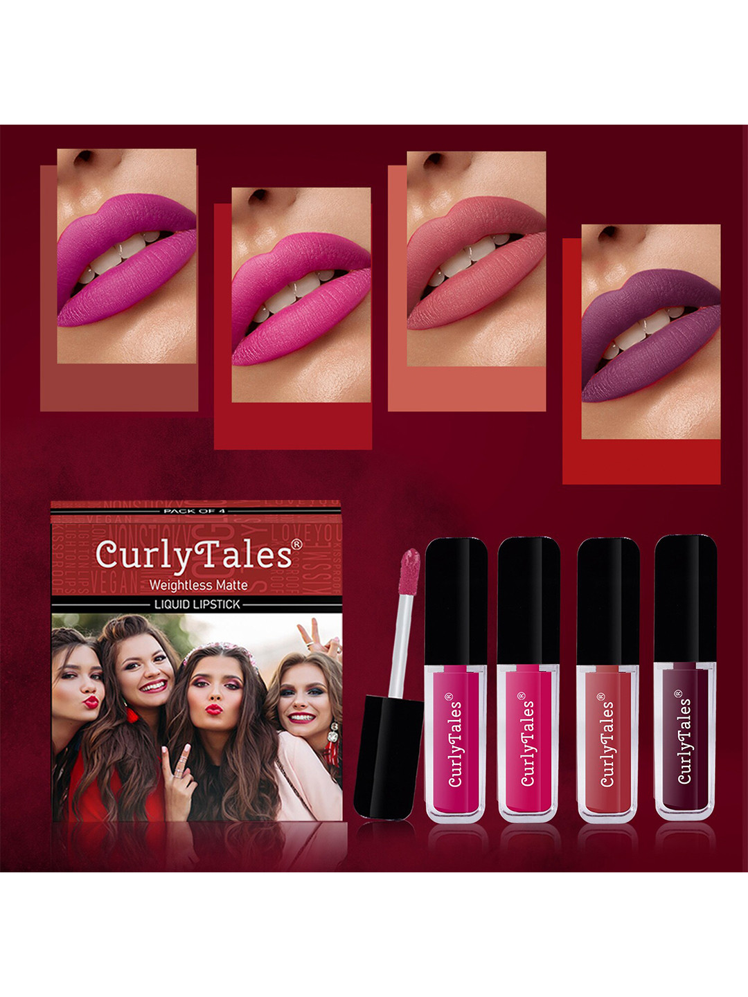 

CurlyTales Set Of 4 Weightless Matte Full Coverage Liquid Lipsticks - 04, 05, 06, 15, Pink