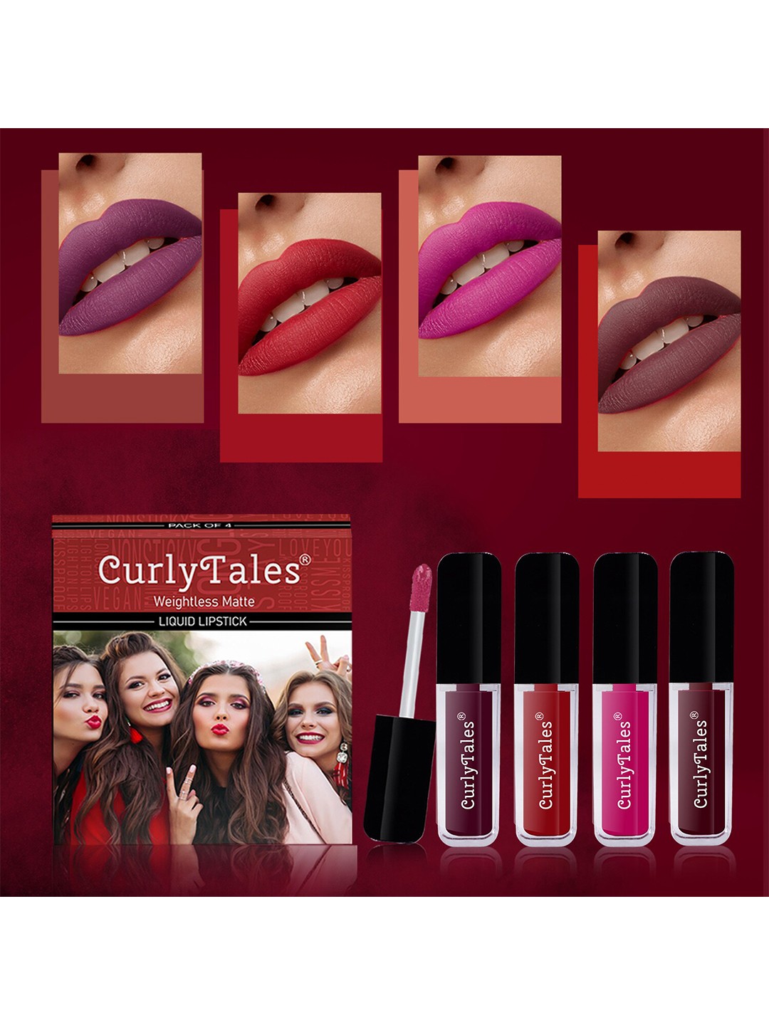 

CurlyTales Set Of 4 Weightless Matte Full Coverage Liquid Lipsticks - 15, 03, 04, 13, Red