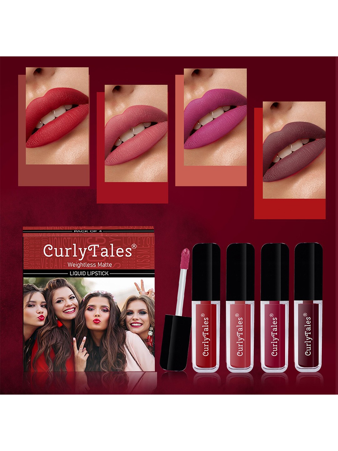 

CurlyTales Set Of 4 Weightless Matte Full Coverage Liquid Lipsticks - 03, 06, 07, 13, Red