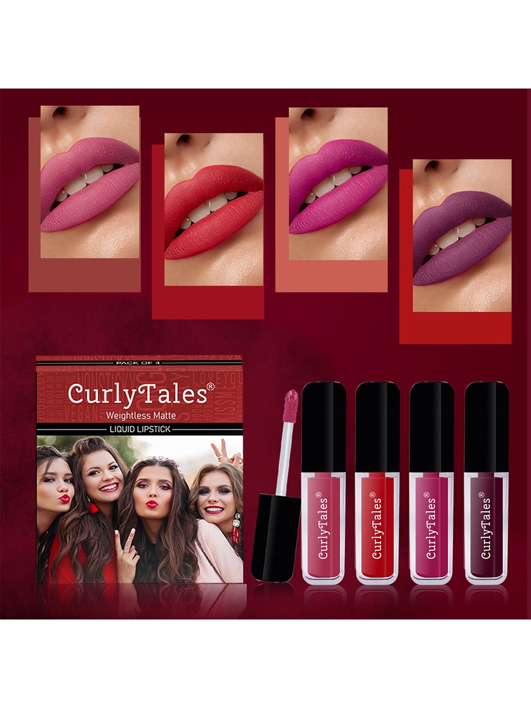 

CurlyTales Set Of 4 Weightless Matte Liquid Lipsticks - 3 ml Each, Multi