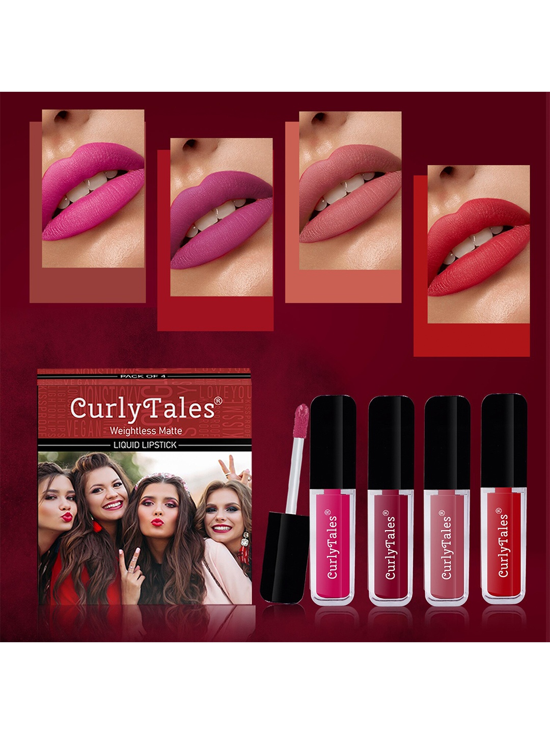 

CurlyTales Set Of 4 Weightless Matte Liquid Lipsticks - 3 ml Each, Multi