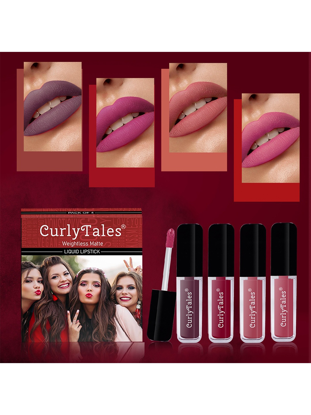 

CurlyTales Set of 4 Weightless Matte Long Lasting Liquid Lipsticks - 3 ml each, Multi