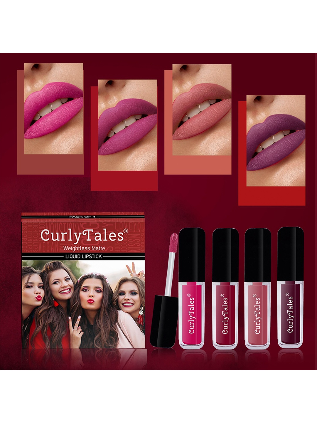 

CurlyTales Set of 4 Lightweight & Waterproof True Matte Liquid Lipsticks 3 ml Each-Magenta Pink 05 - Cherry Red 07 - Pink Nude 08 - Wine 15, Multi