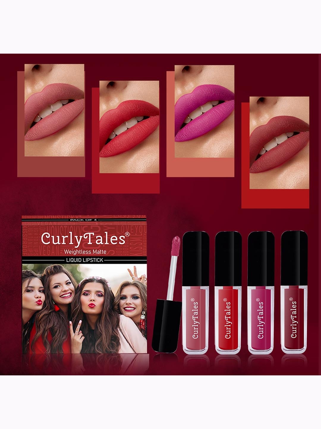 

CurlyTales Set Of 4 Weightless Matte Long Lasting Liquid Lipsticks 3 ml Each, Maroon