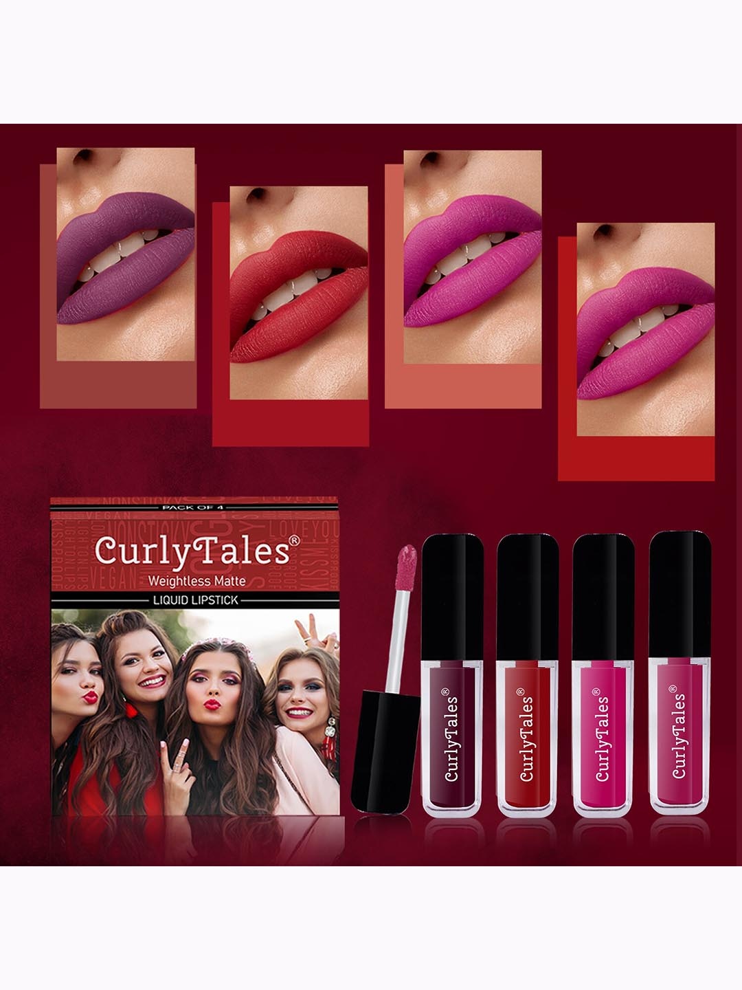 

CurlyTales Set Of 4 Weightless Matte Long Lasting Liquid Lipsticks 3 ml Each, Pink