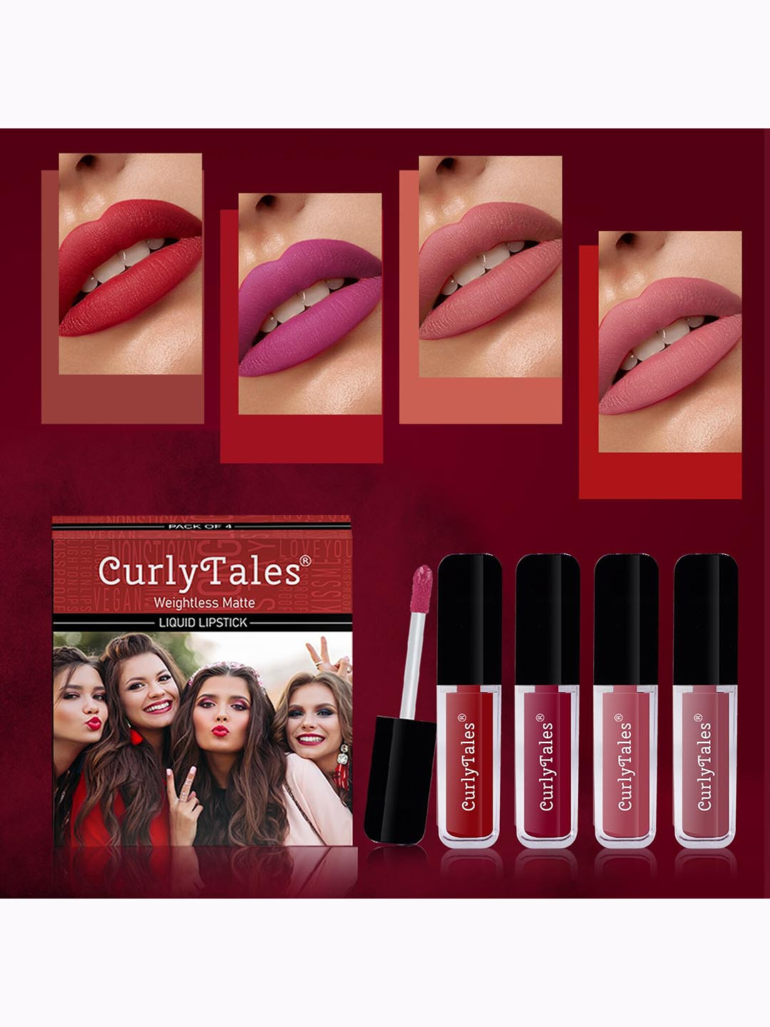 

CurlyTales Set Of 4 Weightless Matte Long Lasting Liquid Lipsticks 3 ml Each, Pink