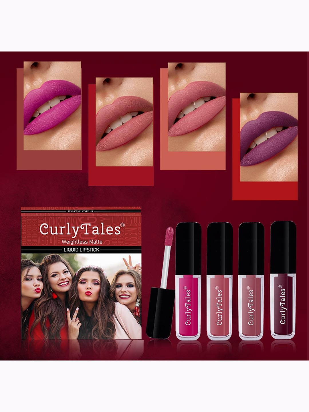 

CurlyTales Set Of 4 Weightless Matte Long Lasting Liquid Lipsticks 3 ml Each, Nude