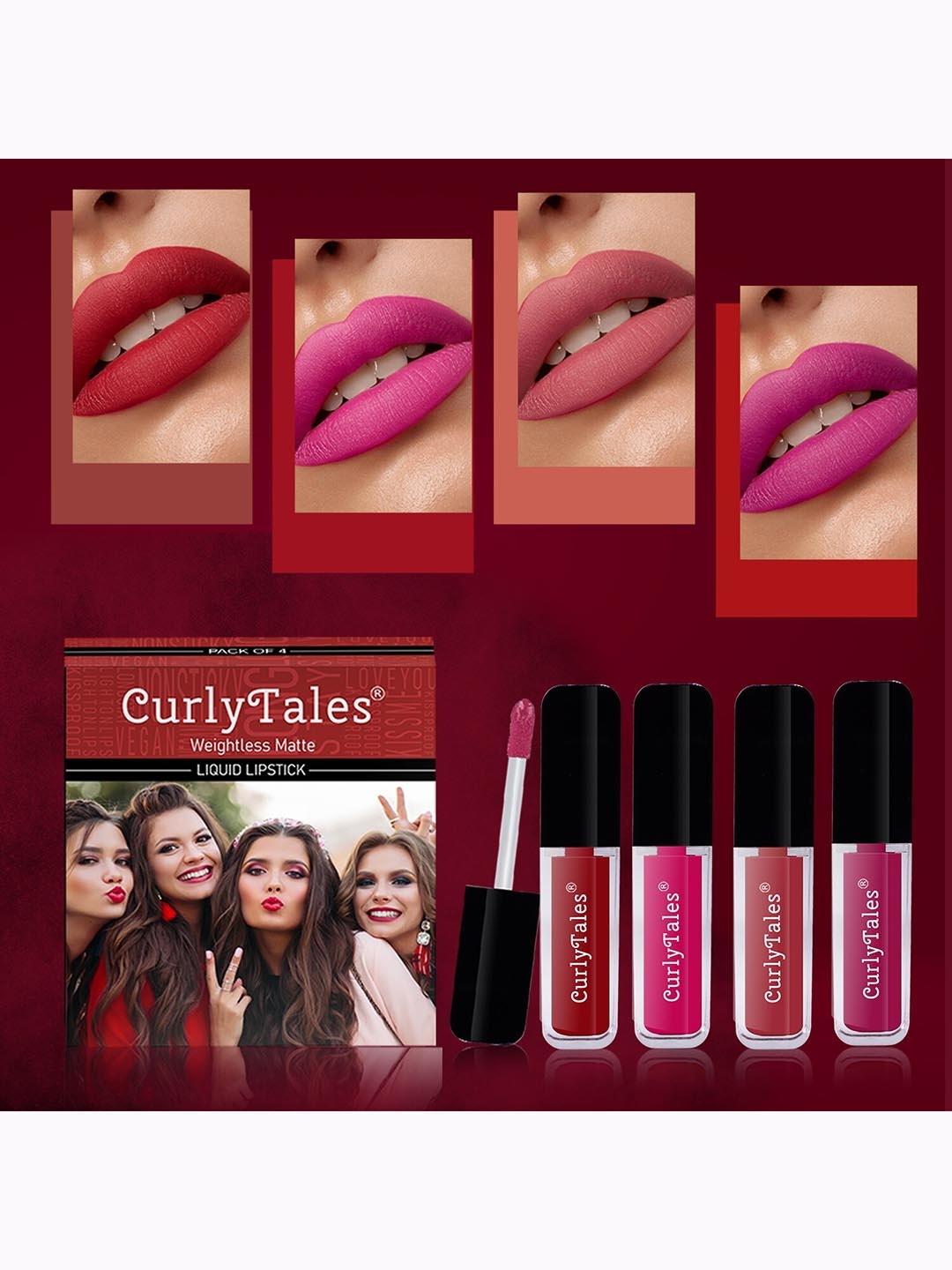 

CurlyTales Set Of 4 Weightless Matte Long Lasting Liquid Lipsticks 3 ml Each, Red