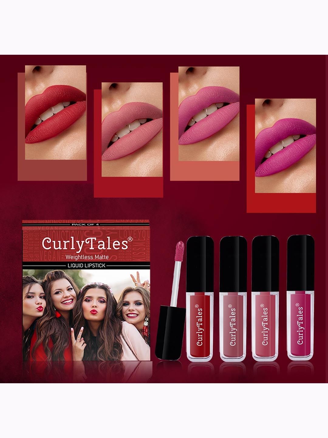 

CurlyTales Set Of 4 Weightless Matte Long Lasting Liquid Lipsticks 3 ml Each, Red