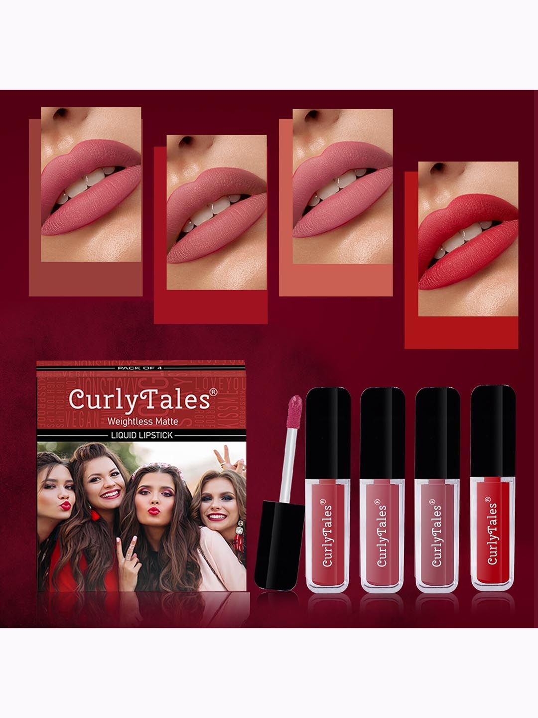 

CurlyTales Set Of 4 Weightless Matte Long Lasting Liquid Lipsticks 3 ml Each, Red