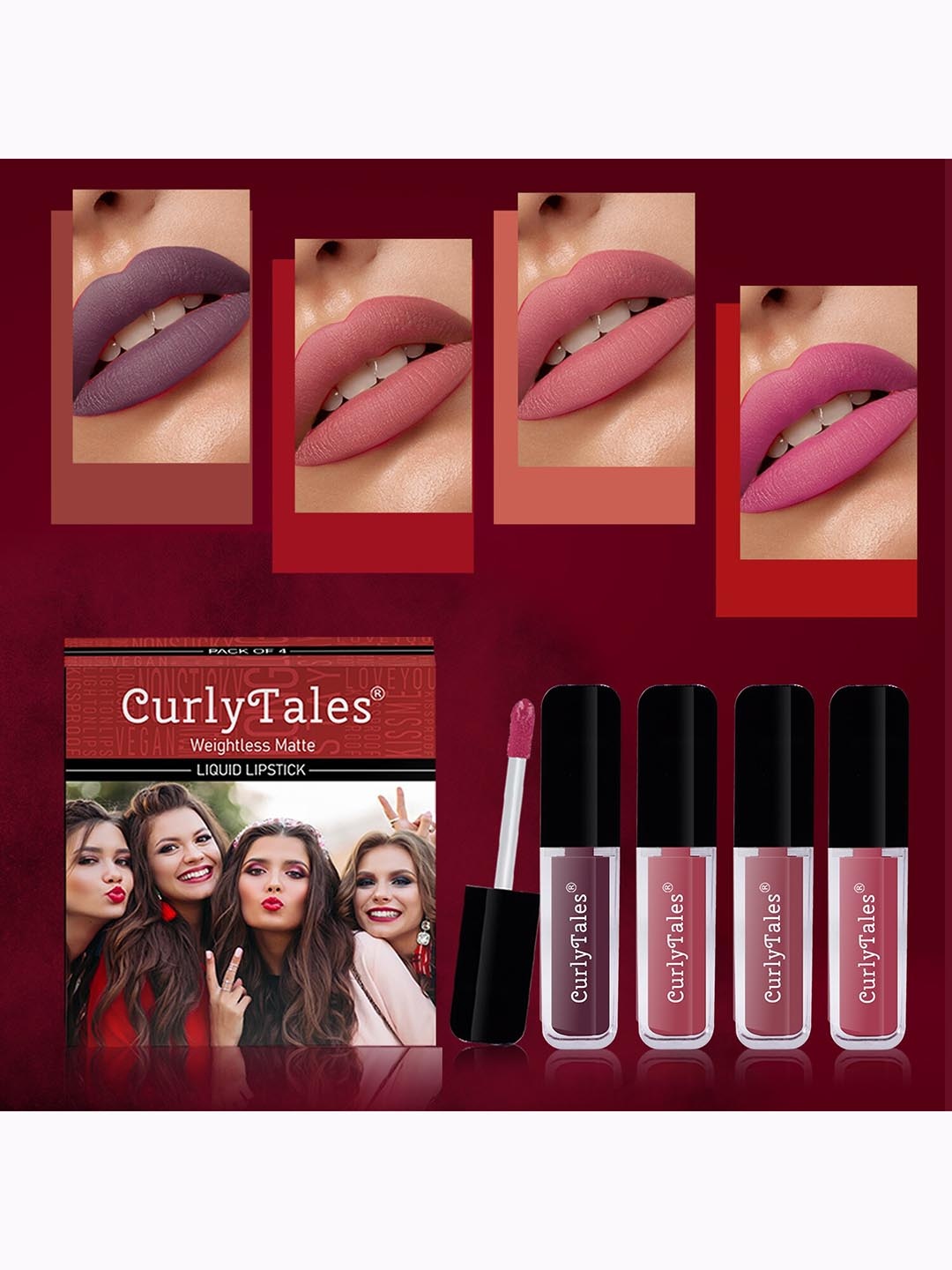

CurlyTales Set Of 4 Weightless Matte Long Lasting Liquid Lipsticks 3 ml Each, Nude