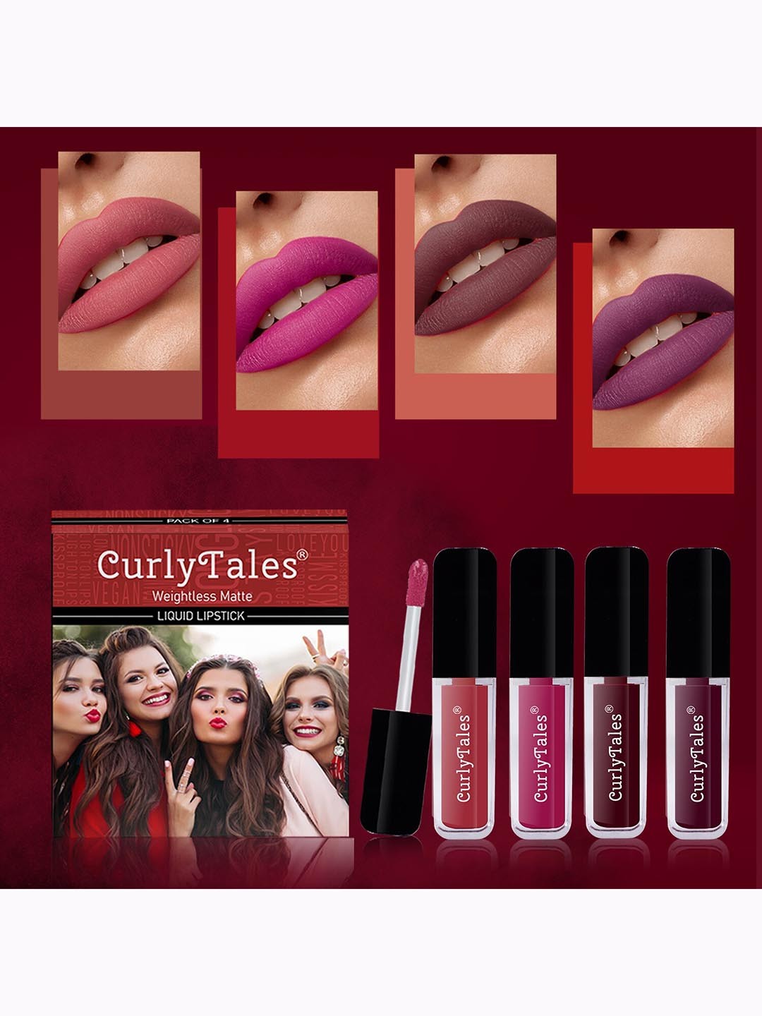 

CurlyTales Set Of 4 Weightless Matte Long Lasting Liquid Lipsticks 3 ml Each, Pink