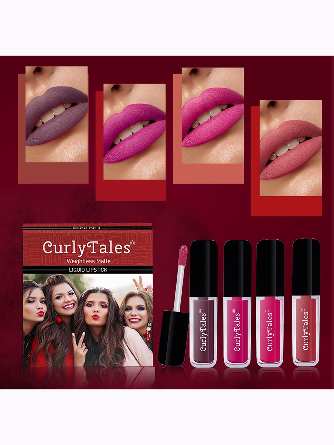 

CurlyTales Set Of 4 Weightless Matte Long Lasting Liquid Lipsticks 3 ml Each, Purple