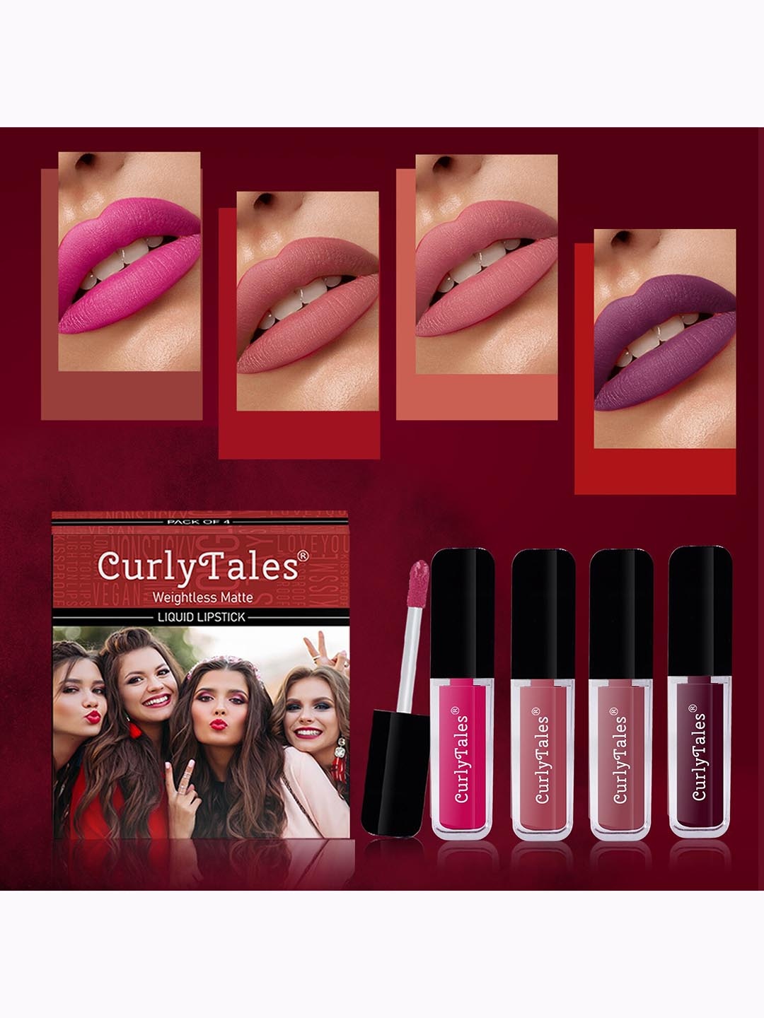 

CurlyTales Set Of 4 Weightless Matte Long Lasting Liquid Lipsticks 3 ml Each, Pink