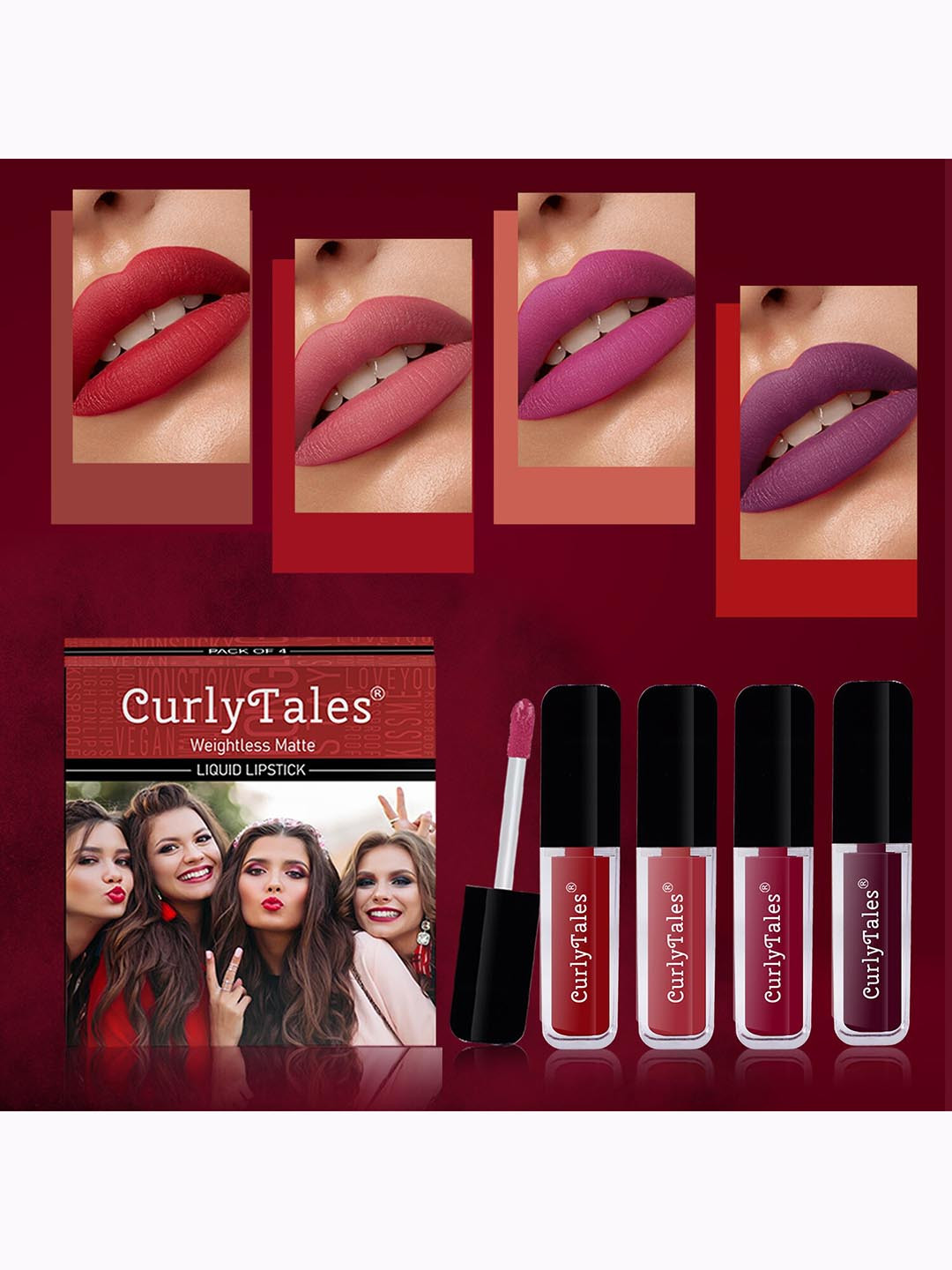 

CurlyTales Set Of 4 Weightless Matte Long Lasting Liquid Lipsticks 3 ml Each, Red