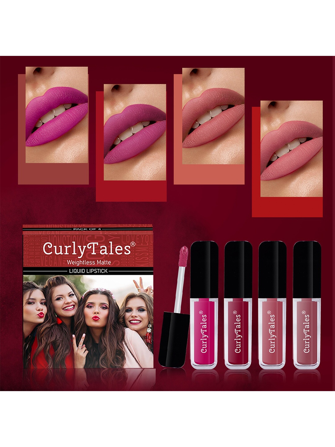 

CurlyTales Set of 4 Lightweight & Waterproof True Matte Liquid Lipsticks 3 ml Each-Magenta 04 - Cherry Red 07 - Pink Nude 08 - Nude 09, Multi