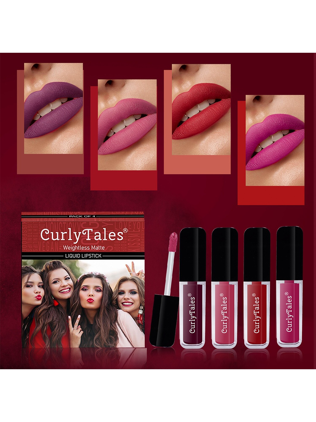 

CurlyTales Set of 4 Lightweight & Waterproof True Matte Liquid Lipsticks 3 ml Each-Wine 15 - Peach 02 - Red 03 - Pink 12, Multi