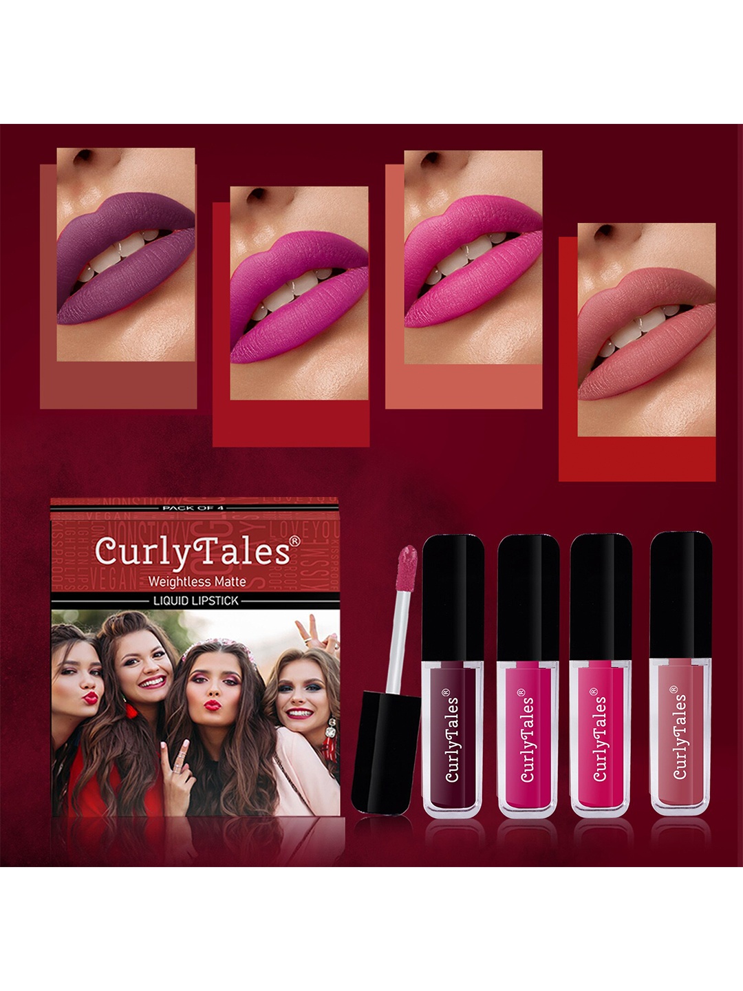 

CurlyTales Set of 4 Lightweight & Waterproof True Matte Liquid Lipsticks 3 ml Each-Wine 15 - Magenta 04 - Magenta Pink 05 - Pink Nude 08, Multi