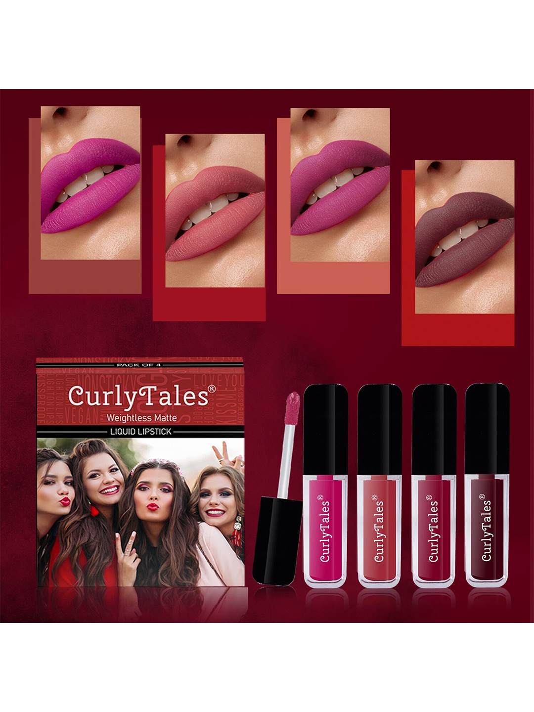 

CurlyTales Set Of 4 Weightless Matte Liquid Lipsticks - 3 ml Each, Multi